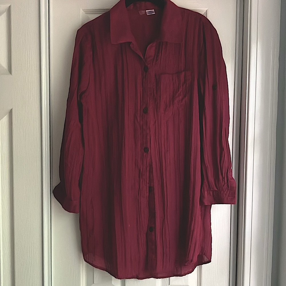 Mynah blouse top burgundy crinkled semi sheer long roll tab sleeve collar M